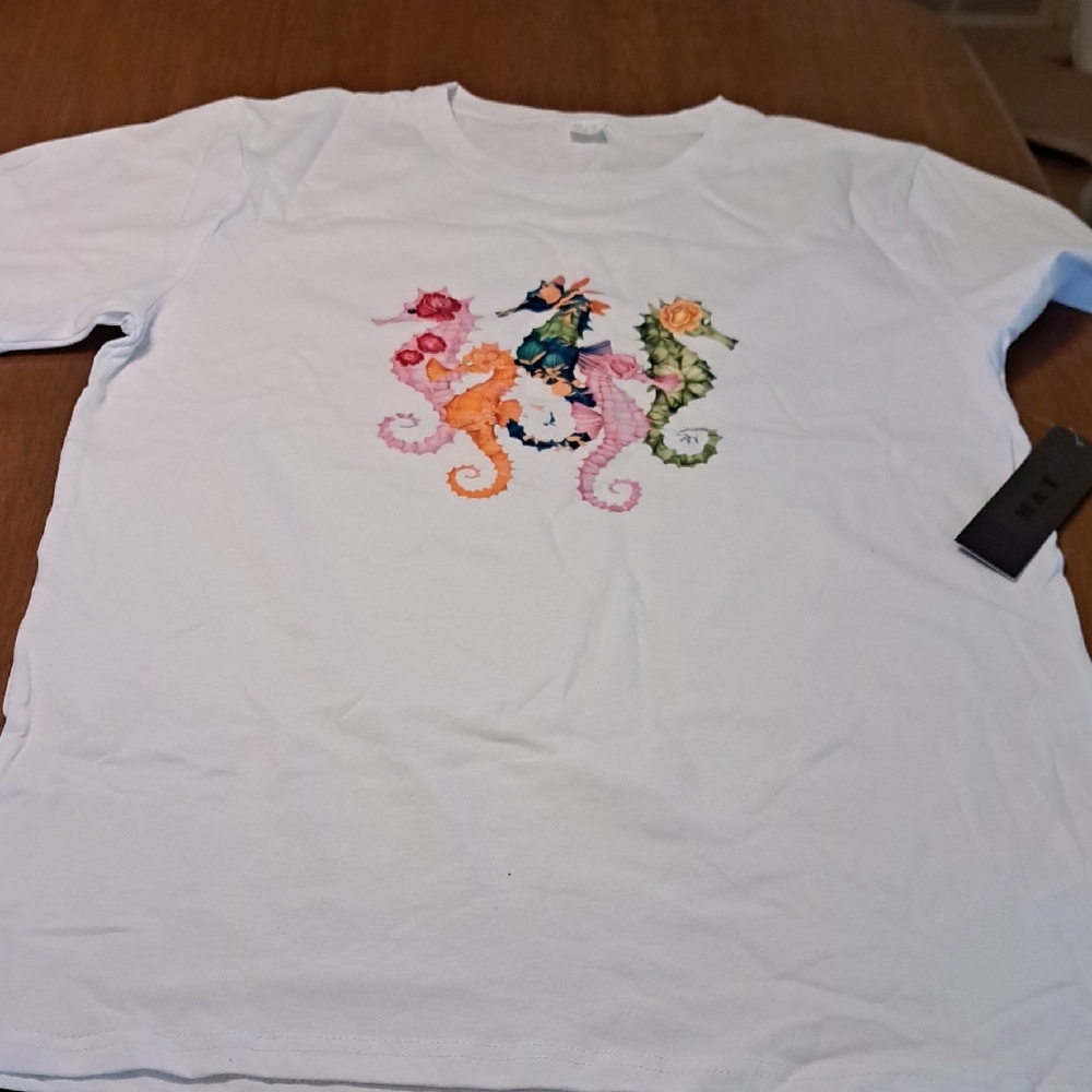 White T-Shirt with Colorful Seahorse Design